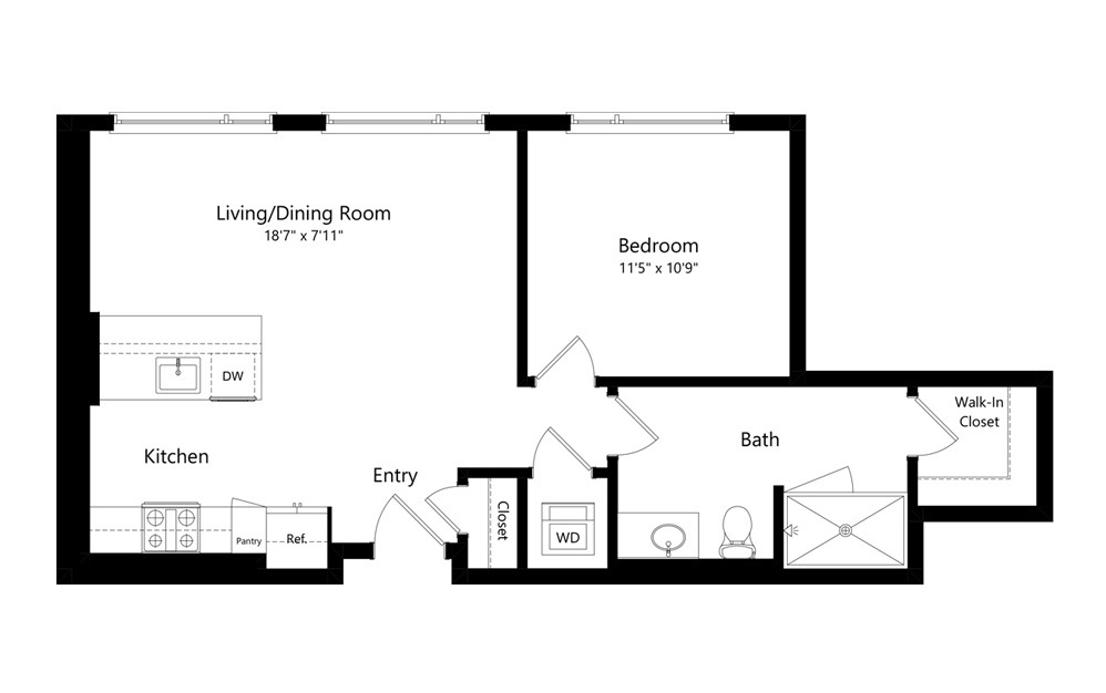 1N.1 1 Bed 1 Bath Floorplan